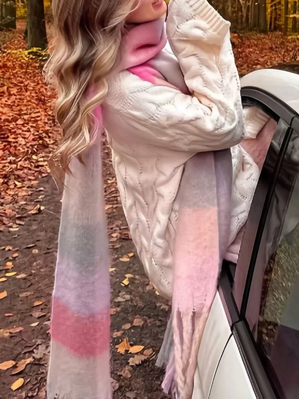 Cozy warm Pink Women's Striped Plaid tassel detail Soft oblong Shawl scarf